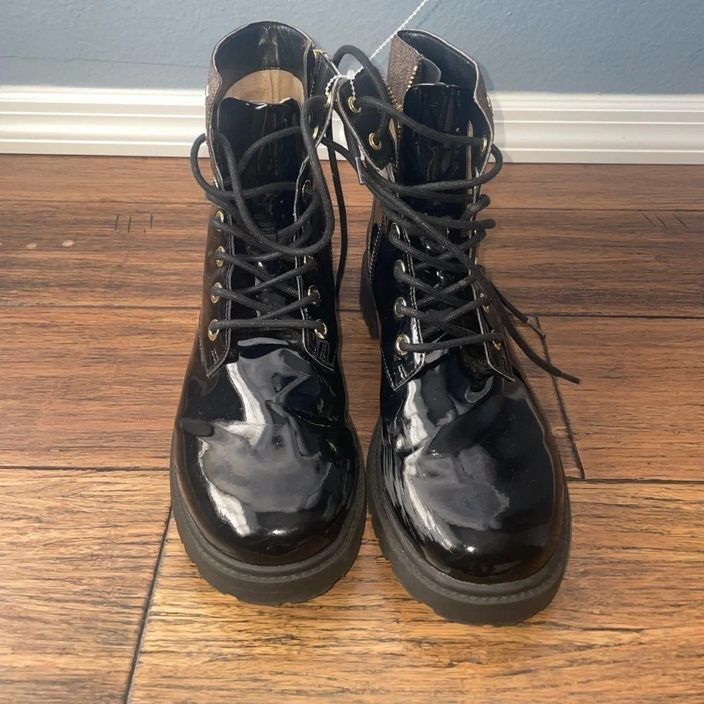 combat boots lace up monogram boots Michael Kors boots chunky boot Glossy black